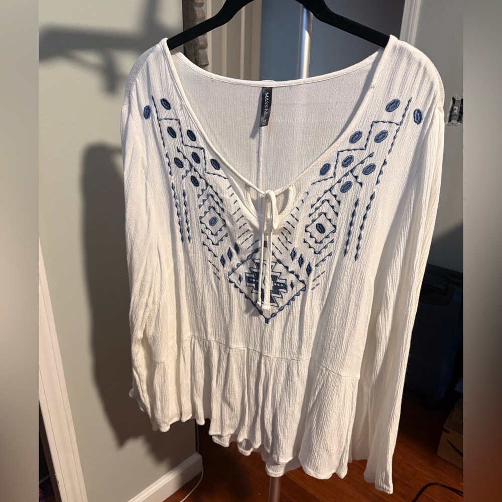 Boho peasant peplum top embroidered white blue 2x